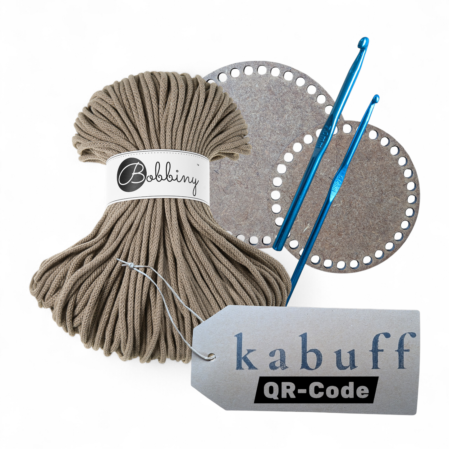 Häkelkorb-Set mit Holzplatte, Häkelnadeln & Garn – Farbe Coffee