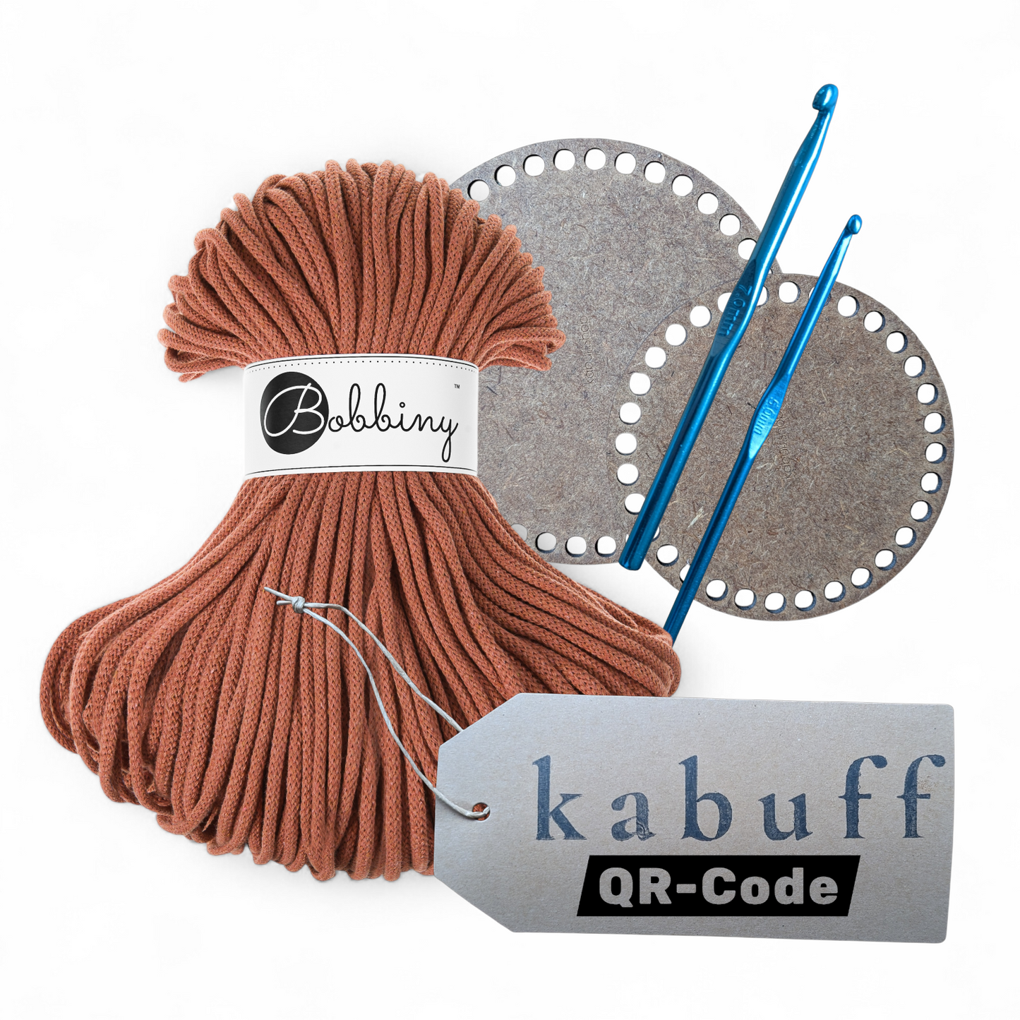 Häkelkorb-Set mit Holzplatte, Häkelnadeln & Garn – Farbe terracotta