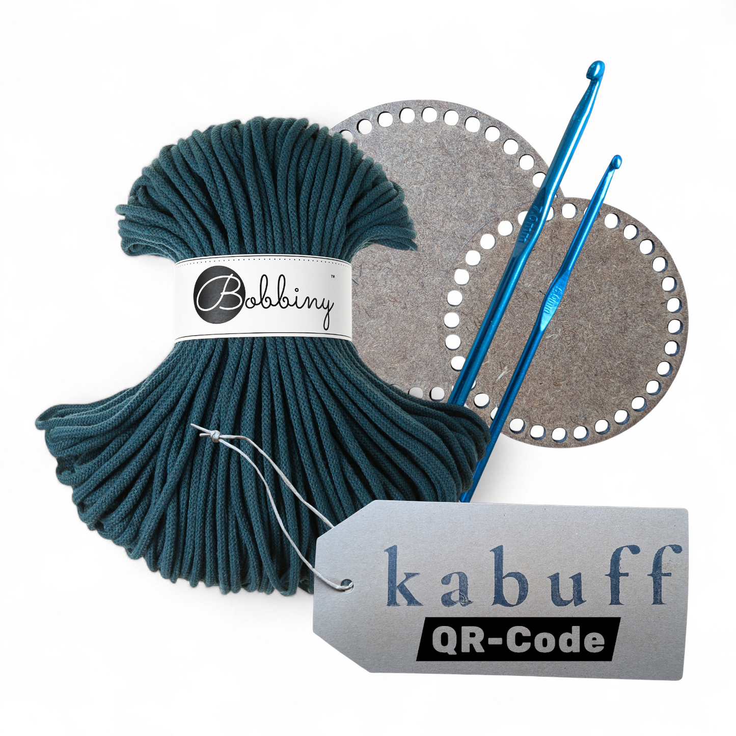 Häkelkorb-Set mit Holzplatte, Häkelnadeln & Garn – Farbe Peacock Blue