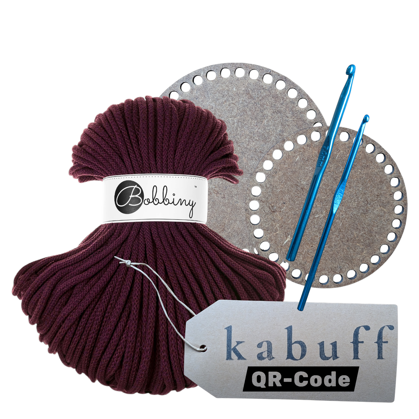 Häkelkorb-Set mit Holzplatte, Häkelnadeln & Garn – Farbe Burgundy
