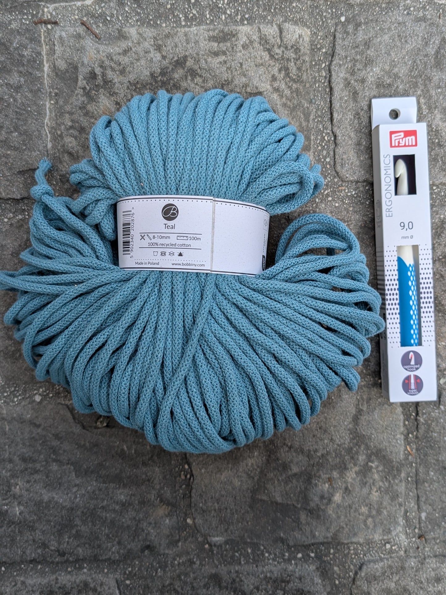 Set Bobbiny Garn 5 mm + Häkelnadel 9 mm Teal