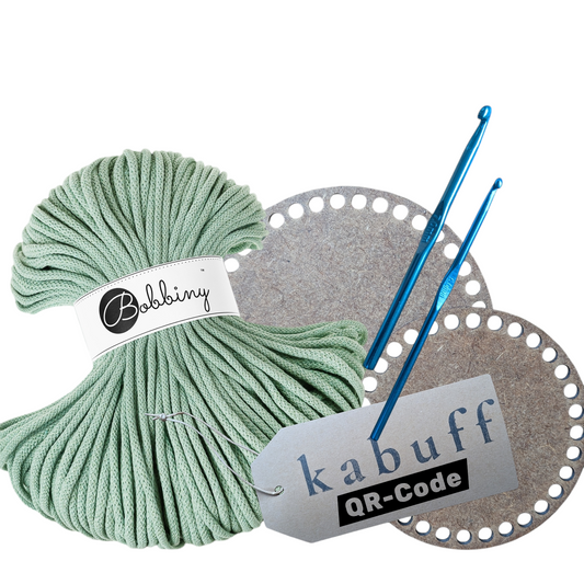 Häkelkorb-Set mit Holzplatte, Häkelnadeln & Garn – Farbe Aloe