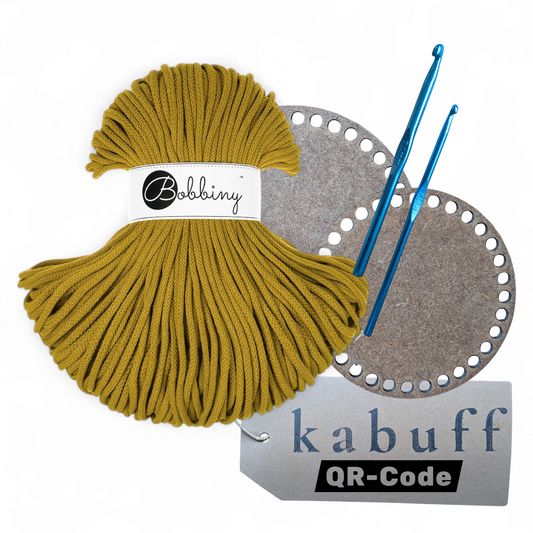 Häkelkorb-Set mit Holzplatte, Häkelnadeln & Garn – Farbe Spicy yellow